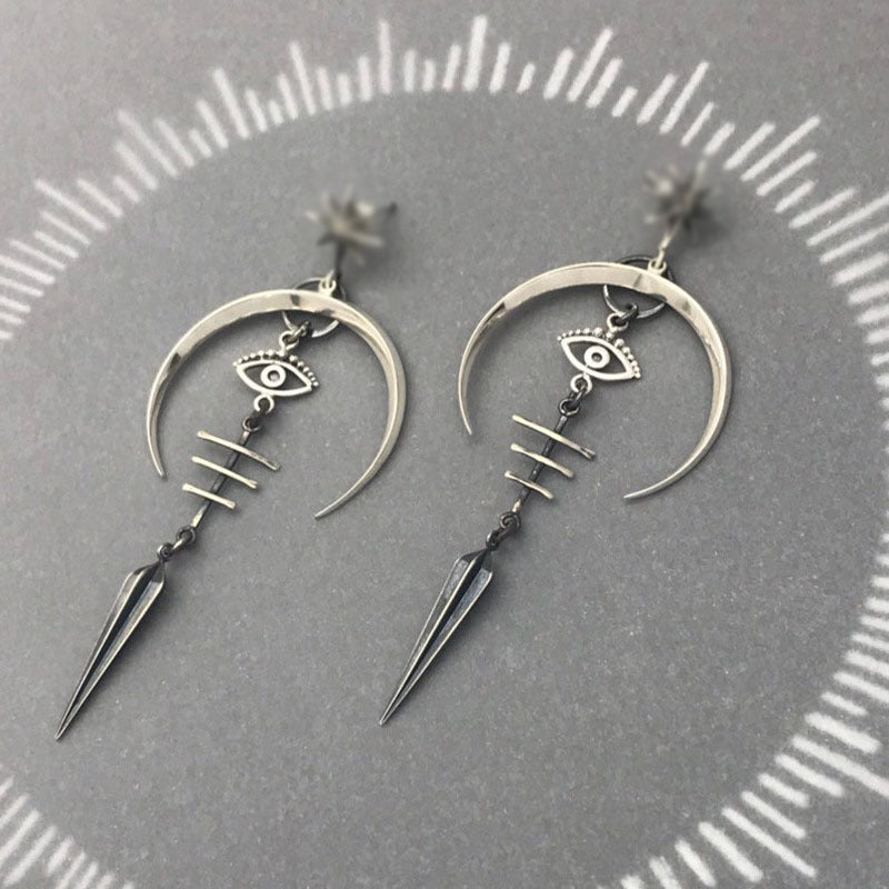 Gothic Devil's Eye Punk Earrings Halloween Accessories Ancient Silver Moon Long Metal