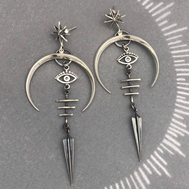 Gothic Devil's Eye Punk Earrings Halloween Accessories Ancient Silver Moon Long Metal