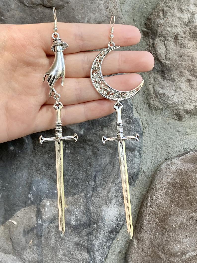 Hollow Moon Witch Gothic Long Sword Halloween Earrings