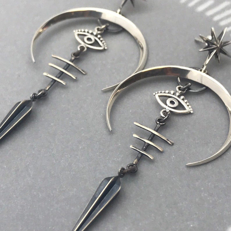 Gothic Devil's Eye Punk Earrings Halloween Accessories Ancient Silver Moon Long Metal