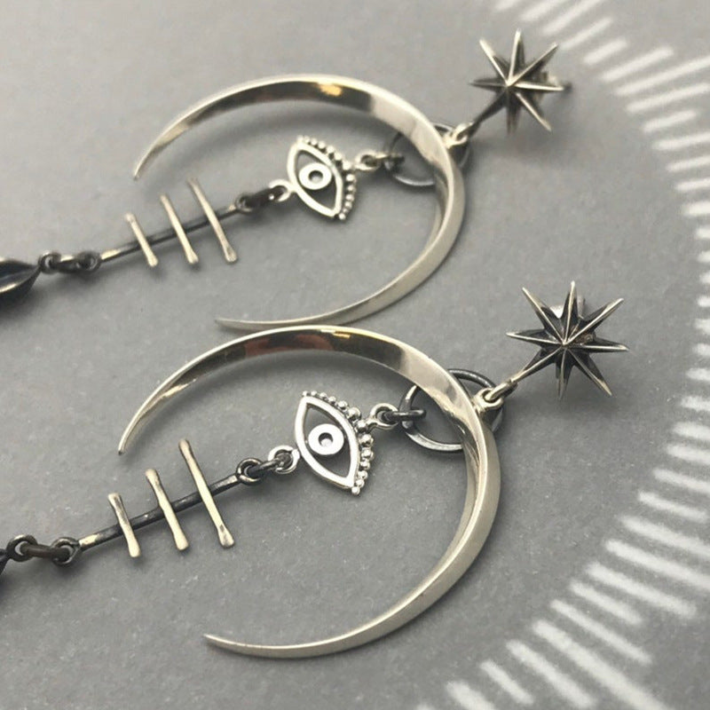 Gothic Devil's Eye Punk Earrings Halloween Accessories Ancient Silver Moon Long Metal