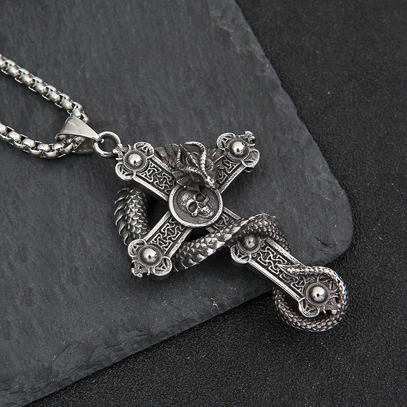 Stainless Steel Necklace Cross Dragon Pendant Retro Punk Necklace