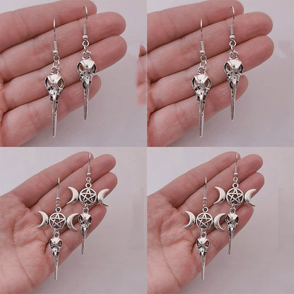 Jewelry Triple Moon Pentagram Skull Crow Head Earrings