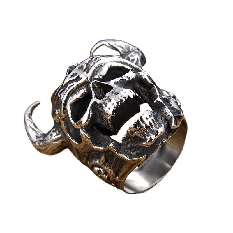 Skull Head Male Ring Horns Retro Ring